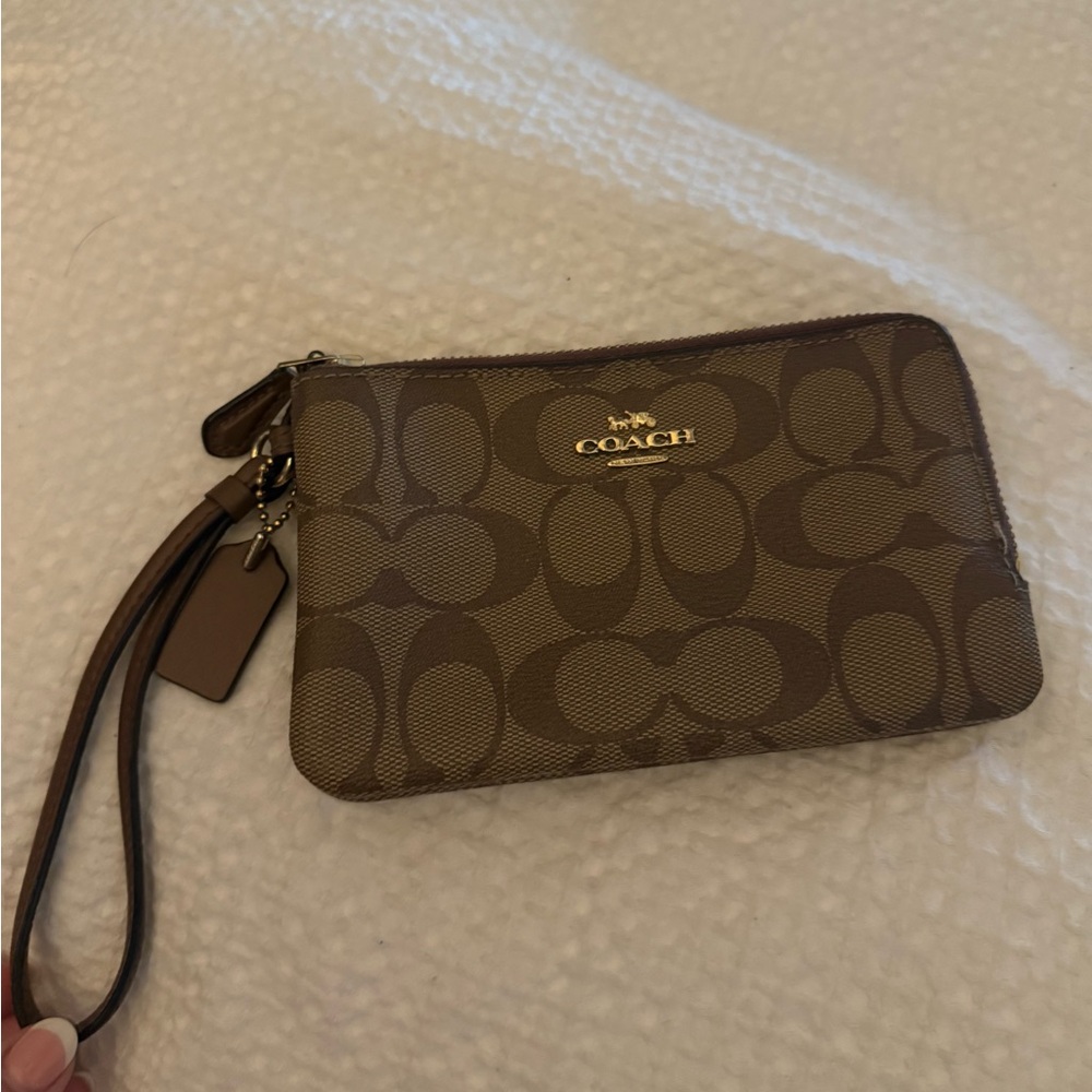 Coach Tan and Brown Signature Double Zip Wristlet
